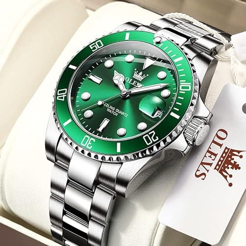 OLEVS Watches for Men with Date Luxury Big Face Waterproof Mens Wristwatch Analog Dress Two Tone Stainless Steel Man Watch Luminous Relojes De Hombre Calendar(Green/Blue/Black Dial thumbnail 3