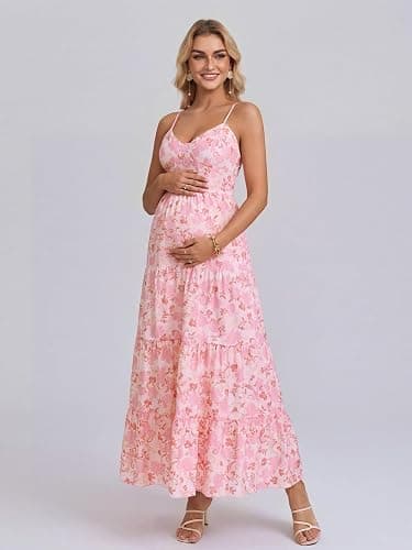 HTZMO Maternity Floral Summer Maxi Dress Bow Tie V Neck Baby Shower Photoshoot Casual Boho Long Sundress for Women thumbnail 2