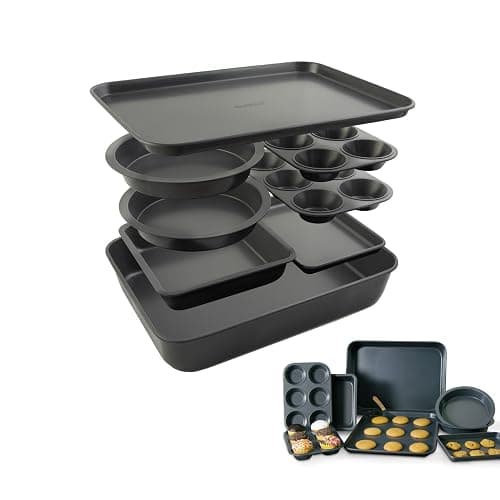 Elbee Home 8-Piece Nonstick Aluminized Steel, Space Saving Baking Set, With Deep Roasting Pan, Cookie Sheet, Cake Pans, Muffin Pans and Baking Pan PFOA & PFOS Free, Holiday Gift for Her - Image 1