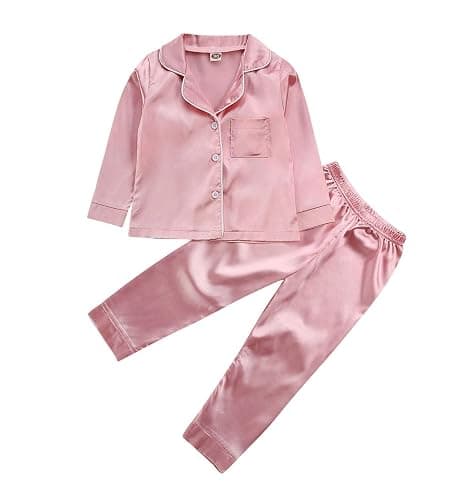 Toddler Baby Kids Satin Pajamas Set, Long Sleeve Button-Down Sleepwear PJs for Girls - Image 1
