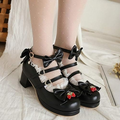 Parisuit Womens Mary Jane Chunky Heel Platform Pumps Bowtie Heart Strap Lace Kawaii Maid Shoes - 11.5 - Black thumbnail 3