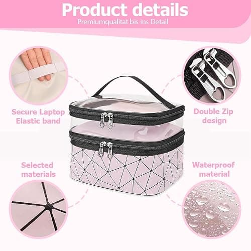Double Layer Makeup Bag, Large Capacity Travel Cosmetic Bag, Waterproof Double Layer Makeup Bags, Portable Toiletry with Compartment Pink 23 x 17 x 16 cm thumbnail 7