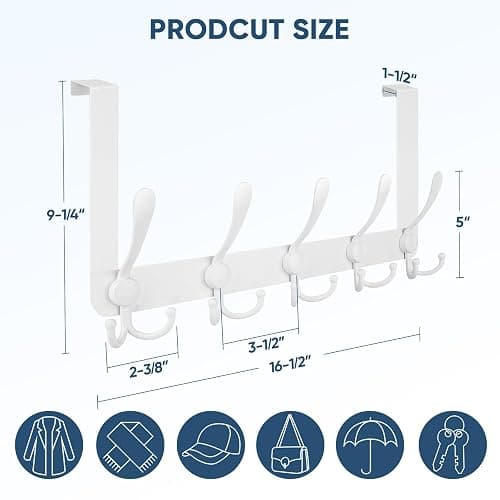 TICONN Over The Door Hooks, 5 Heavy Duty Tri Coat Rack All Metal Coat Hanger for Bathroom Bedroom Dorm (White, 1PK, Fit 1-3/8" Doors) thumbnail 2