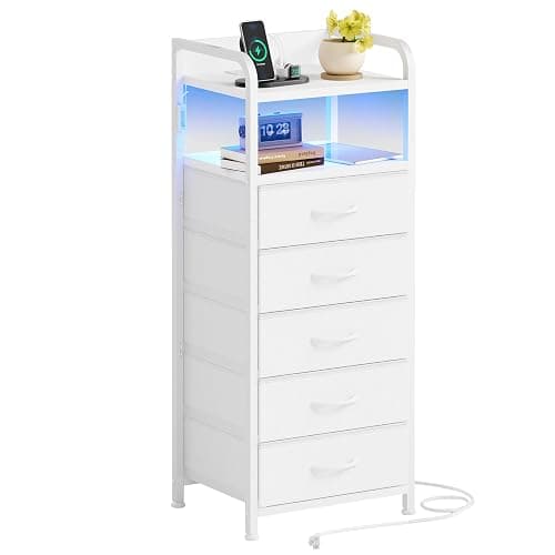 Fixwal Tall Dresser with 5 Drawers for Bedroom, 40 Inch LED Tall Nightstand with Charging Station, Night Stand White Dresser with PU Finish, Bedside Table for Dorm - Image 1