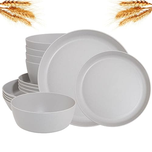 EI 12pcs Wheat Straw Dinnerware Set of 4,Plastic Plates Reuasble Unbreakable,Plastic Plates and Bowls Sets for Camping,Picninc,Family Dinner - Image 1