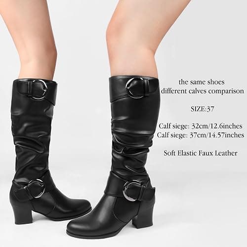 Pixoecuty Riding Boots Women Knee High Slouch Round Toe Buckle Victorian Tall Boots Block Mid Heel Knee-High Boots thumbnail 2