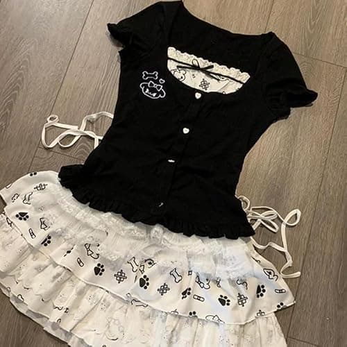 Mcbling Top Skirt Set Gyaru Shoujo Girl Jojifuku Jirai Kei Clothes Scenecore Fashion Cutecore Decora Y2K thumbnail 5