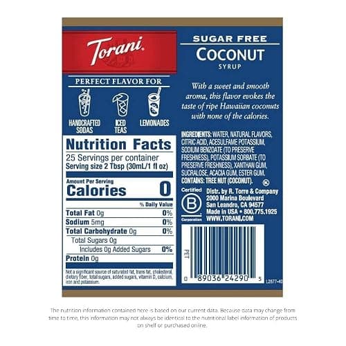TORANI SUGAR FREE COCONUT SYRUP PET (PLASTIC) BOTTLE 750ML thumbnail 3