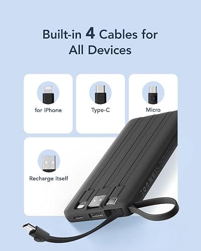 VRURC Portable Charger with Built in Cables, Slim Power Bank 10000mAh, USB C Battery Pack Travel Essential, 5 Outputs 2 Inputs Phone Charging Bank for iPhone 16 15 14 13,Samsung,Android-Black(1 Pack) thumbnail 3