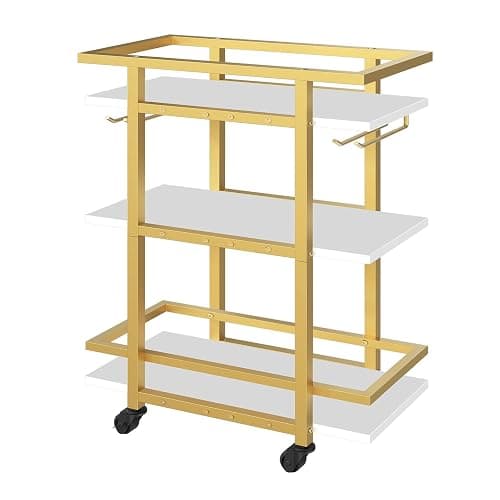 YATINEY 3 Tier Bar Cart, Home Bar Serving Cart with Wheels, Drink Cart with Glass Holder, Beverage Cart, Mobile Kitchen Cart, for Home, Garden, Party, Gold BC19DW thumbnail 8