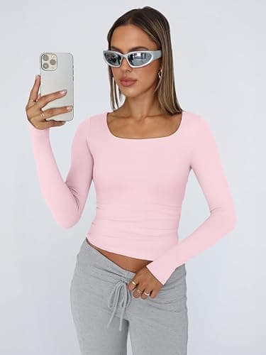 Trendy Queen Womens Long Sleeve Shirts Crop Tops Fall Fashion 2025 Square Neck Going Out Basics Tees Y2k Clothes thumbnail 2