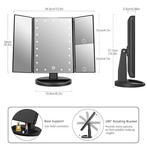 Flymiro Tri-fold Lighted Vanity Makeup Mirror with 3x/2x Magnification,Light up Mirror for Makeup,Touch Screen 21 LEDs,180° Rotation Countertop Cosmetic Mirror,Gifts for Women Mom Teen Girls thumbnail 3