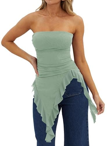 Womens Strapless Tube Tops Summer Asymmetrical Long Ruched Mesh Shirts Cute Y2k Ruffle Hem Going Out Bandeau Top - Image 1