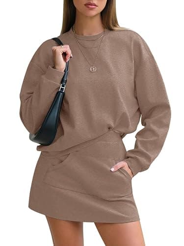 EXLURA Women 2 Piece Skirt Set Airport Outfits 2026 Cotton Travel Sweat Suit Casual Lounge Crewneck Sweatshirt Skort Sets - Image 1