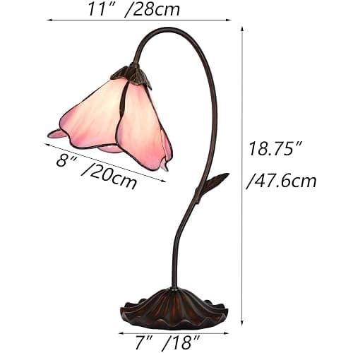 Bieye L10810 Flower Tiffany Style Stained Glass Table Lamp with 8-inch Wide Bent Glass Lampshade Lily Pad Base (1-Light, Pink) thumbnail 4
