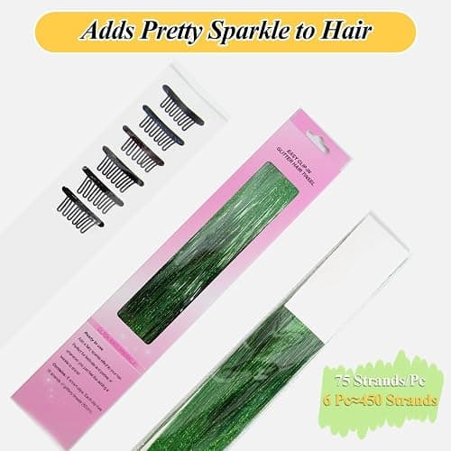OSUNTRESS Green Hair Tinsel Clip In Accessories for Women 480 Strands 6Pcs | 20-22 Inch Fairy Clip On Hair Tinsel Kit Glitter Heat Resistant Straight Colored Extensions for USA Girl Festival Party Beach thumbnail 3