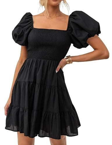ZESICA Women's Boho 2025 Summer Square Neck Puff Sleeve Off Shoulder Smocked Tiered Casual A Line Short Mini Dress - Image 1