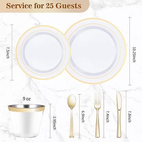 BESTVIP 150PCS Plastic Dinnerware Set (25 Guests), Gold Disposable Plates for Party, Wedding, Christmas, Anniversary, Includes: Dinner Plates, Dessert Plates, Cups, Spoons, Forks and Knives thumbnail 3