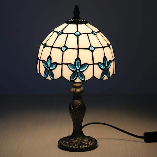 tuomoxte Tiffany Style Table Lamp, 8 Inch Stained Glass Lamp, Small Antique Table Lamp, Bedside Nightstand Lamp for Bedroom,Living Room Home Office, Blue Flower Pattern, Include LED Bulb thumbnail 3
