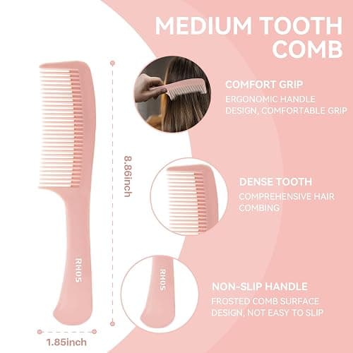 RHOS 3 Pieces Hair Comb Set for Women,Men-Wide Tooth Comb,Fine Tooth Rat Tail Comb,Medium Tooth Comb-Detangling Hair Combs for All Hair Types,Hair Styling Comb Set(Pink) thumbnail 4