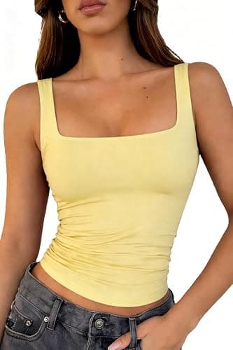 ForeFair Ruched Square Neck Tank Top for Women Summer Basic Tight Crop Tops - Image 1