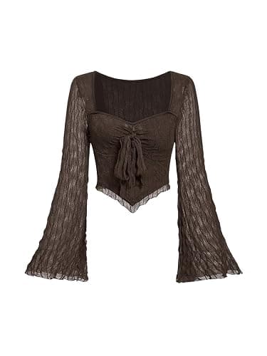 SOLY HUX Women's Long Bell Sleeve Tops Mesh Sweetheart Neck Going Out Crop Top Casual Asymmetrical T Shirts Tees - Image 1