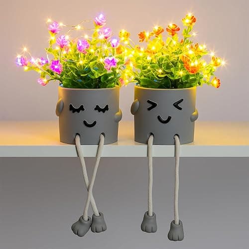 Cute Fake Plants, Flower Pots with String Lights, Fake Plants Artificial For Desk Décor, Office Decor for Women, Shelf Decor for Gift, Bathroom Small Plants Decoration, Mini Plants Window Sill Decor - Image 1