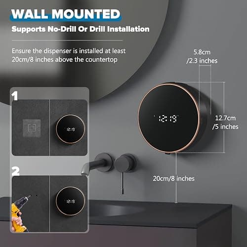 Automatic Soap Dispenser Foam Bathroom: Wall Mount Rechargeable Touchless Adjustable Auto Smart Electric Plastic Black Foaming Soap Dispenser with Clock - Kitchen - Hand Dish Lotion Couple Kids thumbnail 7