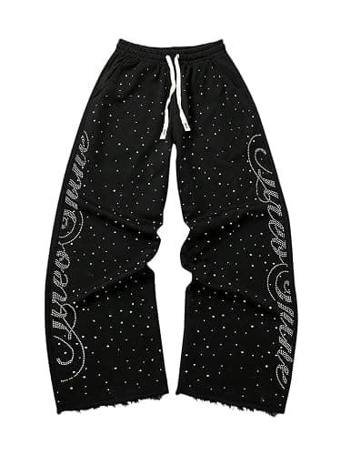 BEAUDRM Men's Rhinestone Baggy Sweatpants Y2k Drawstring Waist Wide Leg Track Pants Streetwear with Pockets - Image 1