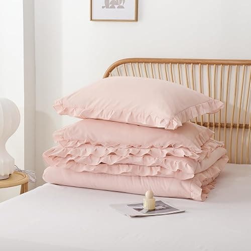 YIKUSH Queen Comforter Set Pink 3PCS (1 Ruffled Blush Comforter and 2 Pillowcases) Vintage Shabby Chic Bedding Soft Fluffy Comforter Set All Season thumbnail 7