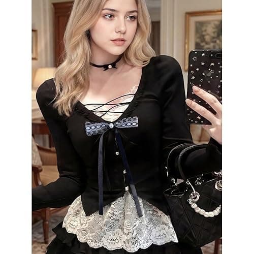 Xojbzoo Y2K retro skirt set black fake two-piece inner top and lace skirt fashionable casual set thumbnail 2