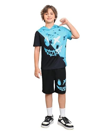 WDIRARA Boy's Two Piece Graphic Print Hooded Neck Tops and Track Shorts Clothing Set thumbnail 2