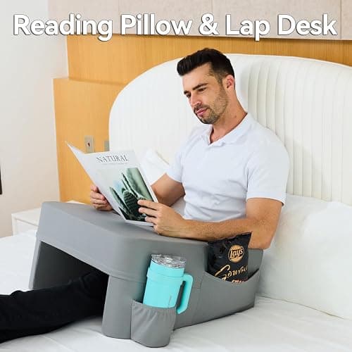 septsun Reading Pillow for Gaming,Soft Lap Desk Pillow for Laptop,Ultimate Lap Pillow with Cup Holder Pocket,Comfort Laptop Lap Desk for Bed Couch Car (Gray, Large) thumbnail 7