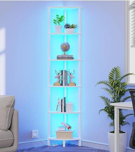 VIMBER Corners Shelf with LED Light, 6-Tier Corner Bookshelf, Industrial Corner-Ladder Shelf, Modern Display Shelf for Living Room, Bedroom, Kitchen, Home Office, Sturdy Frame, White UJSJ002W - Image 1