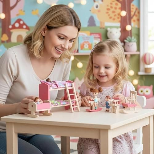 JOINPAYA Wooden Dollhouse Bedroom Furniture: Doll Bunk Bed Rocking Horse Chair, DIY 1:12 Scale Miniature Doll House Decoration Accessories for Ages 3+ Role-Playing thumbnail 2
