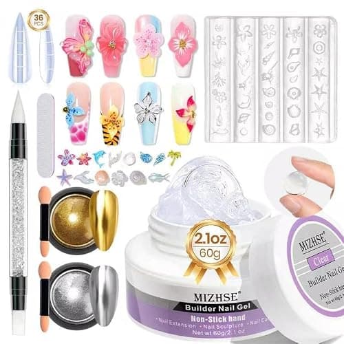 MIZHSE Solid Builder Gel for Nails, Clear 60g 3D Sculpting Gel for Nail Art Non-Sticky Molding Hard Gels UV LED Nail Charm with Gold Chrome Nail Powder and 3D Silicone Flower Mold Kit for DIY Salon - Image 1