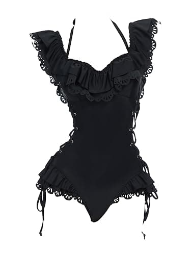 MEOWCOS Women One Piece Swimsuits Retro Victorian Style Swimsuit Gothic Halter Bathing Suit - Image 1