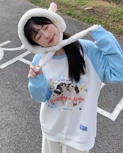 OATSBAS Y2K Cute Sweatshirts for Women Teen Girls Animal Print Long Sleeve Preppy Sweatshirt Kawaii Clothes - Small - Blue thumbnail 3
