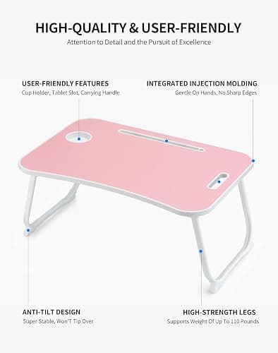 ZEAPTAC Laptop Bed Desk, Foldable Lap Desk, Portable Lap Table, Laptop Stand with Cup Holder & Tablet Slot & Lifting Handle for Working Writing Drawing & Eating - Pink thumbnail 6
