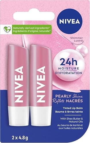 NIVEA Pearly Shine Lip Balm | Pearly Pink Shimmer Tinted Lip Care, 24H Hydration | 2x4.8g Tubes - Image 1