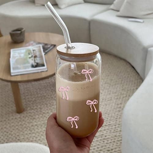 Mikopei Coquette Aesthetic Glass Cups with Lids and Straws - Pink Bow Iced Coffee Cup Decor, Cute Tumbler Smoothie with Cleaning Brush&Gift Box, Gifts for Girls Women Friends, 16 oz thumbnail 8