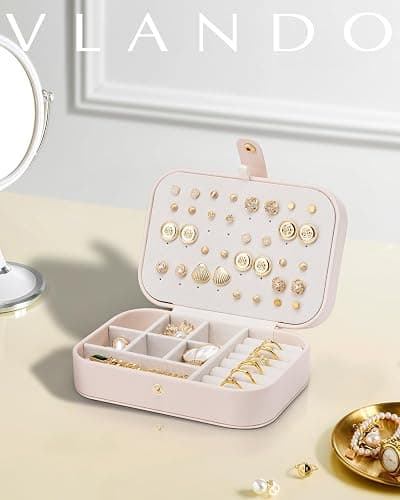 Vlando Travel Jewelry Case, PU Leather Travel Jewelry Box with Earring Holder, Portable Display Small Jewelry Box for Mothers Day Women Girls Gift - Pink thumbnail 2