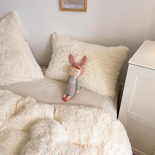 chovy Kids Girls Faux Fur White Comforter Sets Twin/Full - 3PC Bed Set Skin Friendly Soft Warm Comfortable Classical Rabbit Plush Velvet Flannel Fluffy Fuzzy Bedding（Comforter x 1 Pillowcases x 2） thumbnail 8