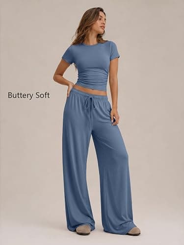 Trendy Queen Women's 2 Piece Matching Summer Lounge Set with Pockets | Vacation Airport Travel Outfits, Workout Gym Clothing Comfy Athleisure Clothes, Side-ruched Top, Drawstring Wide Leg Pants thumbnail 2