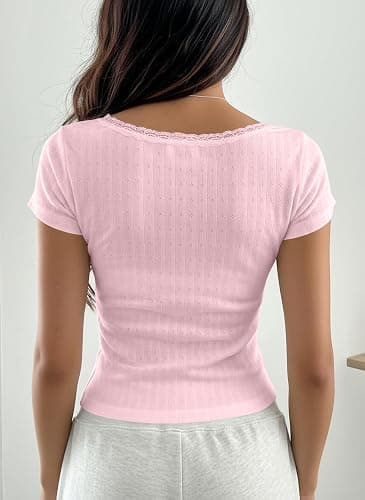 AKLOPVII Women Y2K Short Sleeve Button Up Lace Patchwork Crop Tshirt Tops Slim Fit Scoop Neck Henley Summer Girl Tee thumbnail 3