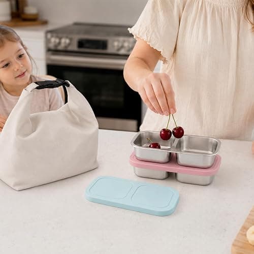 EC-Gaze 3 Pack Stainless Steel 2-Compartment Snack Containers, 8.4 oz | Reusable Snack Containers with Silicone Lids, On-the-Go Snacking, Meal Prep, School Lunches, Daycare and Travel thumbnail 7