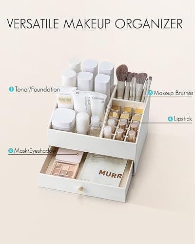 Vlando Makeup Organzier,Vanity Organizer with Drawers, PU Leather Skincare Organizer Perfume Organizer,Large Cosmetic Display Case for Lipstick,Brushes Gifts for Women-White thumbnail 4