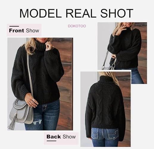 Dokotoo Womens 2025 Winter Fall Solid Turtleneck High Neck Balloon Long Sleeve Sweaters Pullover Outerwear thumbnail 4