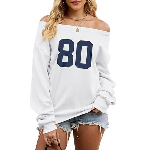 Weripoah Graphic Sweatshirts for Teen Girl Oversized Off The Shoulder Sweatshirt Y2k Jersey Top Number 80 Streetwear Pullover - Image 1