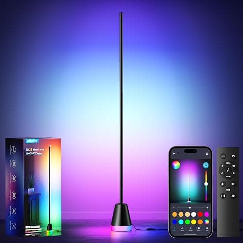 Alfolive Corner Floor Lamp, Smart RGB Lamps for Living Room Bedroom, APP & Remote Control Tall Standing LED Lights, 16 Million DIY Colors Modern Ambient Lighting with Music Sync & Timer, Jet Black - Image 1